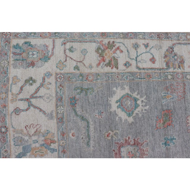 2020s Hand Knotted Floral Modern Oushak With Light Gray Background and Multi-Colors For Sale - Image 5 of 12