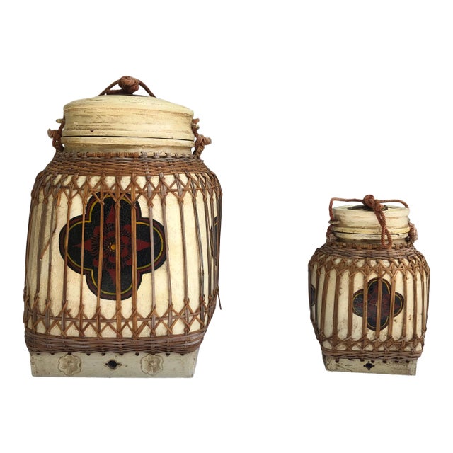Mid 20th Century Moroccan Painted Rattan Baskets - Set of 2 For Sale