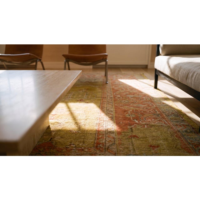 Exquisite Chartreuse Background With Medallion Design Antique Turkish Oushak Rug For Sale - Image 9 of 9