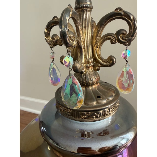 Vintage 1960's Ef & Ef Industries Cat. No. 414 Iridescent Carnival Glass Lamp With Ab Crystals & Original Shade For Sale - Image 4 of 16