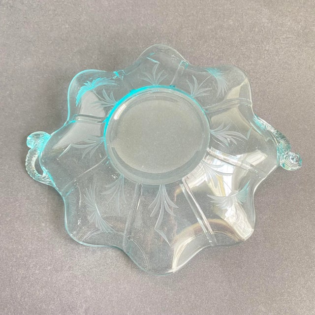 Glass Vintage Fenton Dolphin Glass Aquamarine Blue Handled Dish Etched Bowl Koi Fish Sea Creature For Sale - Image 7 of 13