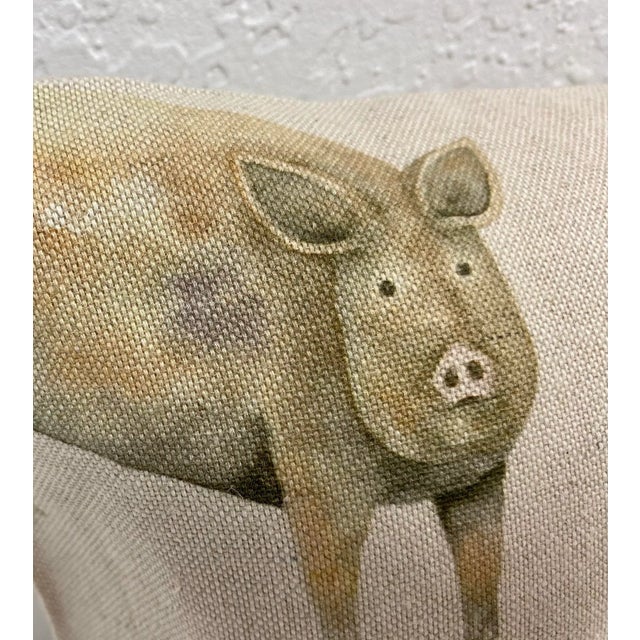 Cream 16" Square Pillow Adorned With Jovial Rustic Pigs of Various Sizes & Colors - Made in Uk For Sale - Image 8 of 10