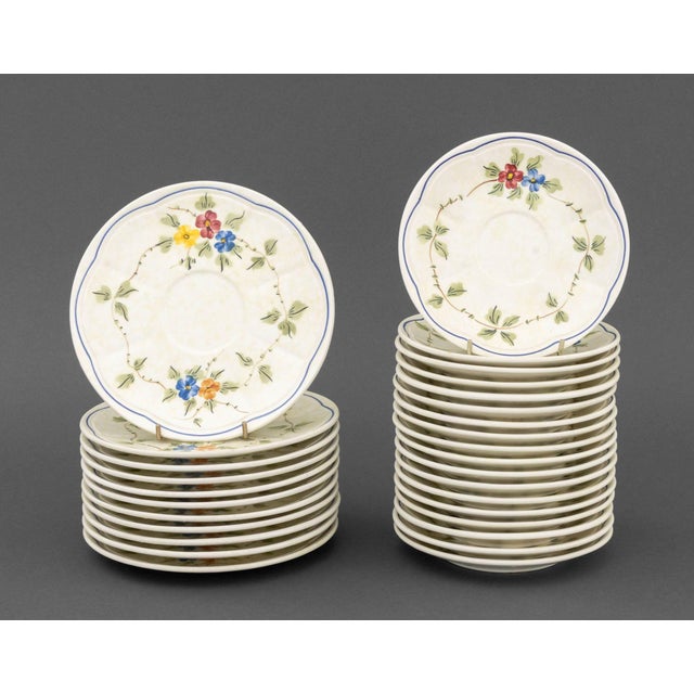 French Longchamp "Nemours" Ceramic Partial Dinner Service Set, comprising: teapot, two handled covered sugar, creamer, 17...