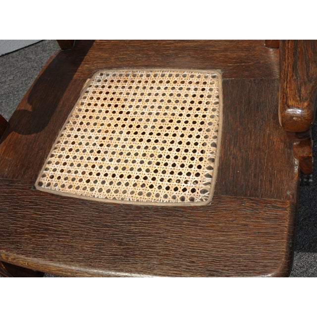 Brown Vintage French Country Brown Oak Side Chair W Cane Seat and Carved Backrest For Sale - Image 8 of 13