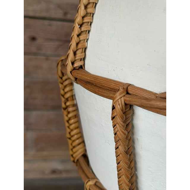 Monumental Boho Coastal Regency Plaster Lamps With Hand-Wrapped Rattan Cage & Linen Shades For Sale In Naples, FL - Image 6 of 11