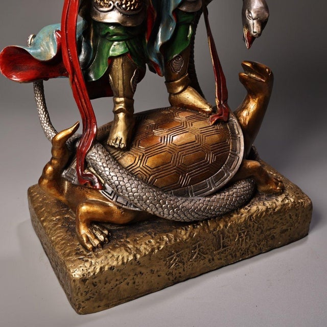 Metal Vintage Gilt Bronze Figure of Zhenwu Emperor on Tortoise and Snake For Sale - Image 7 of 10