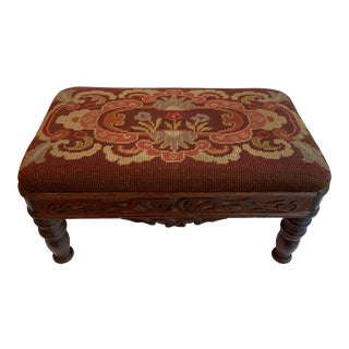 Early 20th Century Needlepoint Hand Carved Stool For Sale
