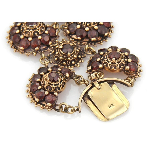 Contemporary Bohemian Garnet 14k Yellow Gold Wide Floral Bracelet For Sale - Image 3 of 5