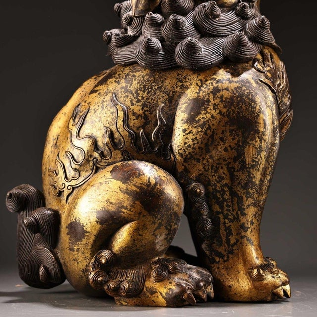 Metal Monumental Vintage Gilt Bronze Guardian Lion Censer - Asian Mythical Beast Incense Burner For Sale - Image 7 of 9