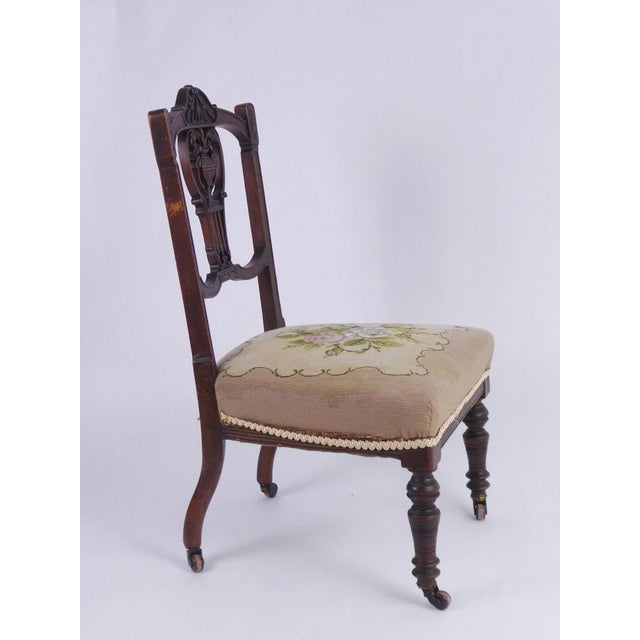Wood Antique English Needlepoint Chair with Wheels, 1890s For Sale - Image 7 of 8
