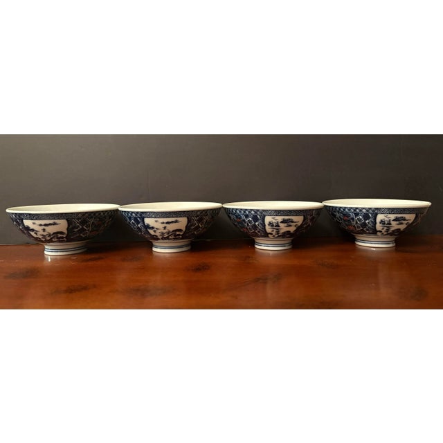 Set of 4 Aritaware Japanese Blue & White Porcelain Rice Bowls With Landscape Motifs, Mid-20th Century For Sale - Image 9 of 10