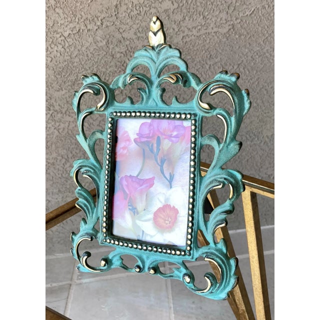 Rococo Circa 1980 Baroque-Style Verdigris & Gilt Acanthus Leaf Cast Iron Easel Back Picture Frame For Sale - Image 3 of 12