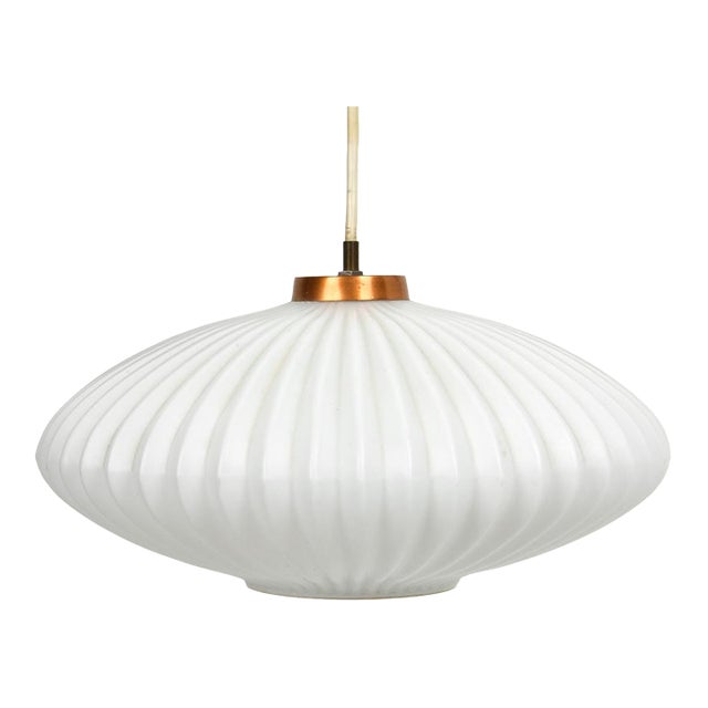 1970s Louis Kalff for Philips Ribbed Glass & Copper Pendant For Sale