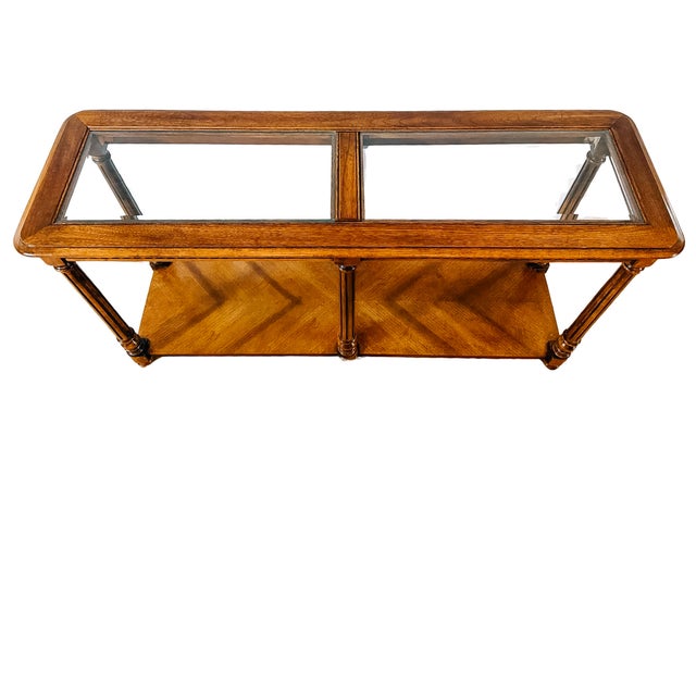 Wood Vintage Neoclassical Two-Tier Sofa Walnut Table With Inset Glass Top & Fluted Legs For Sale - Image 7 of 8