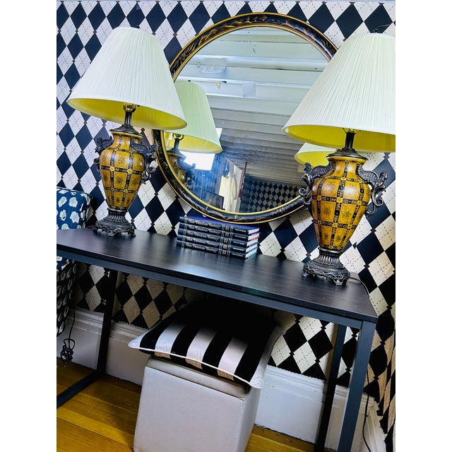 Oversized Black & Gold Lacquer Hand-Painted Chinoiserie Round Mirror 36 Inch Diameter For Sale - Image 12 of 13