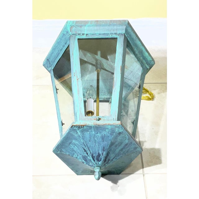 Large Vintage Solid Brass Hexagonal Lantern – Verdigris Patina For Sale - Image 11 of 13