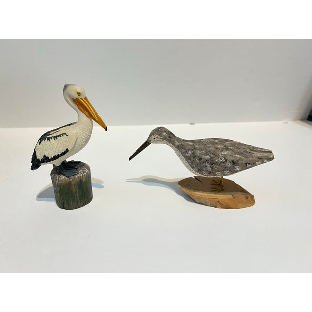 Vintage Folk Art Hand-Carved Wood Shorebird & Pelican Sculptures - Pair For Sale In West Palm - Image 6 of 6