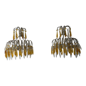Italian Micro Beaded Yellow Amber & Clear Loaded Crystal Sconces, Circa 1920