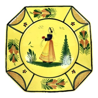 Vintage Quimper Signed Hand Painted Yellow Plate For Sale