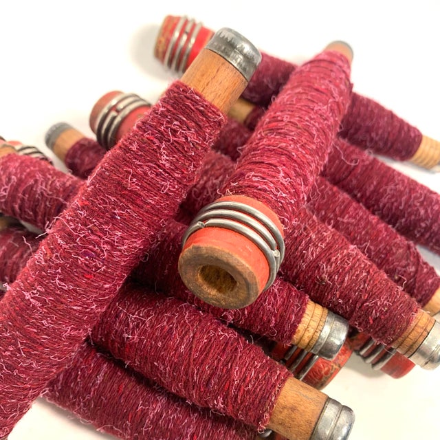 Early 20th Century Wooden Textile Quills Burgundy Thread Wound Set of 12 For Sale - Image 9 of 10