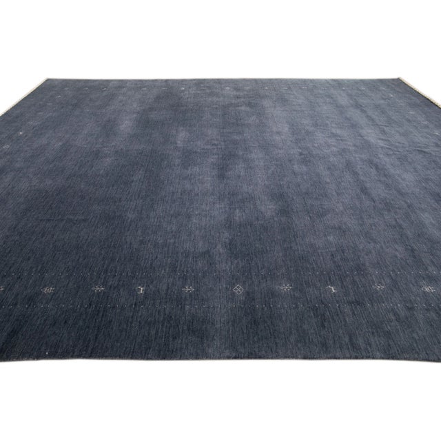 Modern Gabbeh Style Hand-Loom Minimalist Pattern Blue Wool Rug For Sale In New York - Image 6 of 11