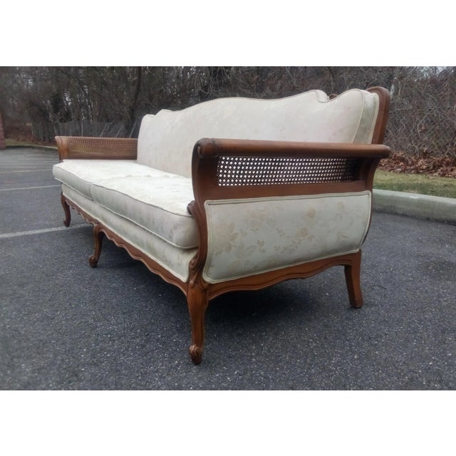 French French Louis XV Style Elegant Ivory 7.5' Sofa Sale $2750 Serpentine Carved Back Curved Caned Sides Mid-Century For Sale - Image 3 of 13