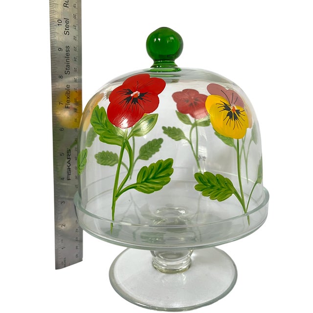 Glass Signed and Hand-Painted Glass Cake or Dessert Stand With Cloche Lid Decorated With Flowers and Bees For Sale - Image 7 of 8