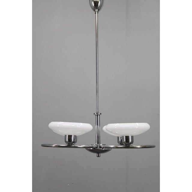 Mid-Century Chrome Chandelier with Milk-Glass Disc Shades, Former Czechoslovakia, 1950s For Sale - Image 3 of 16