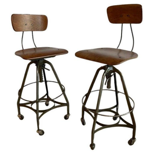 1940s Pair of Industrial Adjustable Drafting Stools by Toledo Metal Furniture Co.