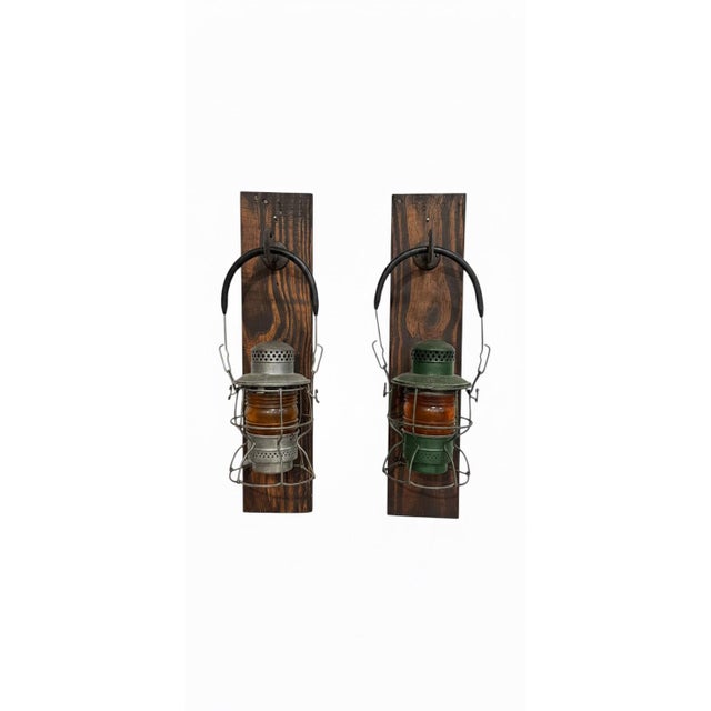 Vintage Railroad Lantern Wall Sconce on Rustic Wood Mounts (Pair) For Sale - Image 9 of 10