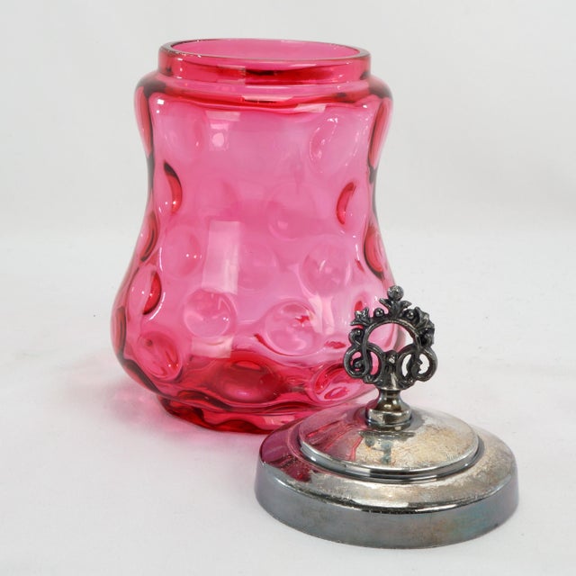 Victorian Cranberry Coin Dot Glass Jam Jar With Silverplate Lid For Sale - Image 4 of 8
