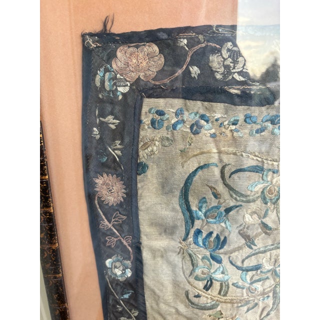 Blue Vintage Embroidered Chinese Dragon Silk Tapestry Textile Art in Tortoise Frame For Sale - Image 8 of 10
