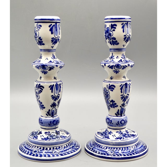 Mid 20th Century Blue & White Dutch Delft Faience Candle Holders, a Pair For Sale - Image 5 of 7