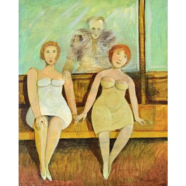 1980s Alberto Gallerati, In the Waiting Room, 1980s, Mixed Media Painting For Sale - Image 5 of 5