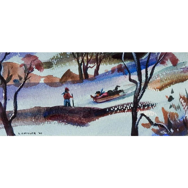 Small Vintage 1941 Winter Toboggan Snow Scene Painting For Sale - Image 4 of 4