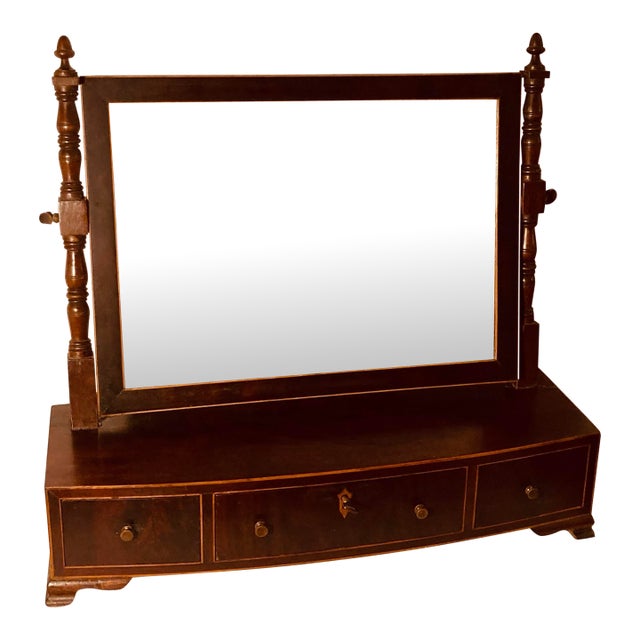 Antique English Federal Bow Front “Dressing Glass” Table Mirror Mahogany With Satinwood Inlay Triple Drawer For Sale