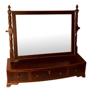 Antique English Federal Bow Front “Dressing Glass” Table Mirror Mahogany With Satinwood Inlay Triple Drawer