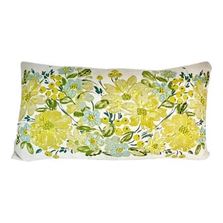 1990s Vintage Botanical Coastal Chic Linen Decorative Pillow in Yellow & Blue Flora For Sale
