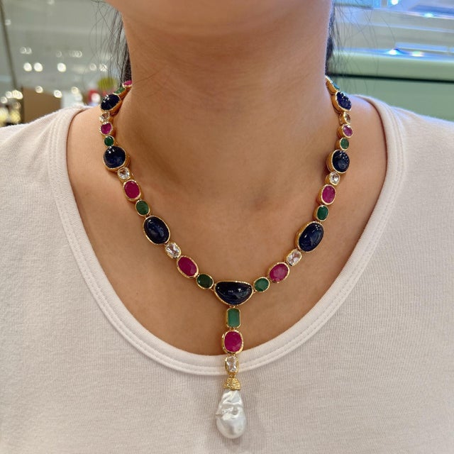 Red Bochic "Capri" Red Ruby, Blue Sapphire & Green Emerald Necklace Set 18K & Silver For Sale - Image 8 of 11