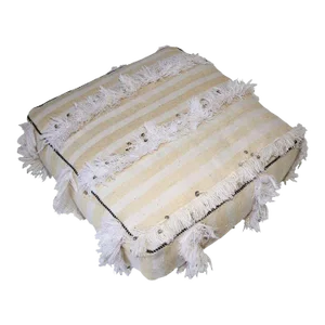 Moroccan Floor Pillow Bohemian Pouf With Silver Sequins and Long Fringes