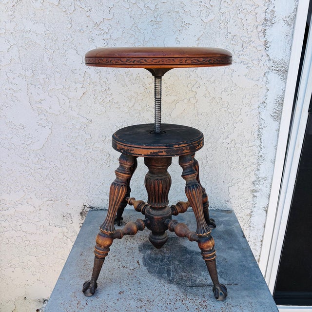 Early 1900s Oak Wood Piano Stool With Glass Ball Claw Feet For Sale - Image 15 of 18
