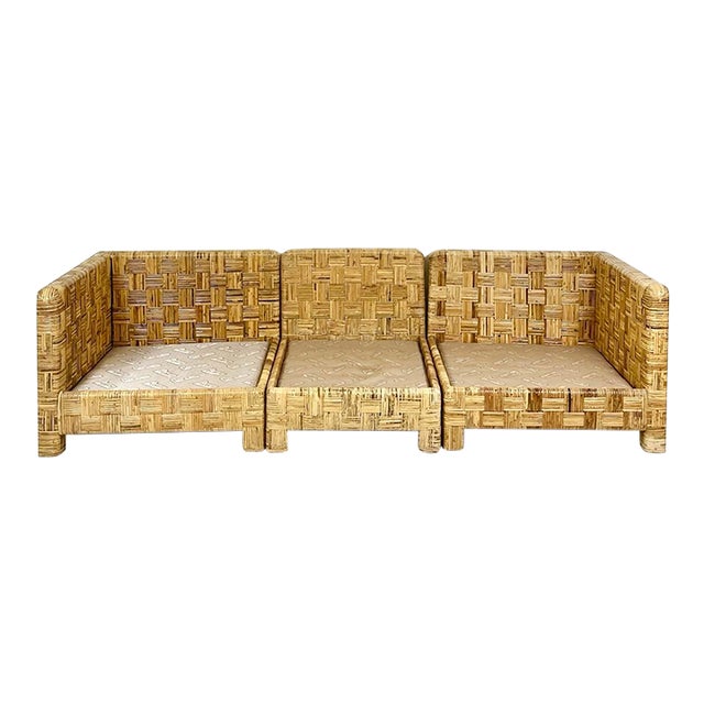 Vintage Billy Baldwin Style Woven Caning Sectional Sofa For Sale