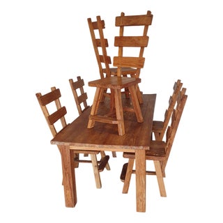 Brutalist Wabi Sabi Elm Dining Chairs and Table, Set of 6 For Sale