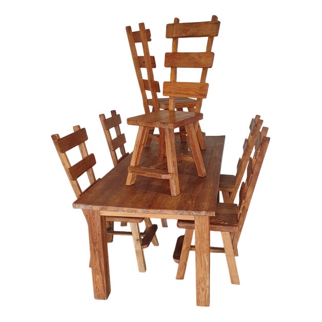 Brutalist Wabi Sabi Elm Dining Chairs and Table, Set of 6 For Sale