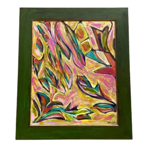 Midcentury Modern Framed Multicolored Abstract Oil on Canvas With Pink, Blue, and Green by Artist Helen Johnson