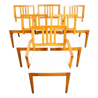 Mid Century Modern Solid Oak & White Dining Chairs- Set of 6 For Sale