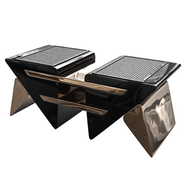 Art Deco "L'amore Dell'anima" Coffee Table With Bronze and Woven Leather For Sale - Image 3 of 7