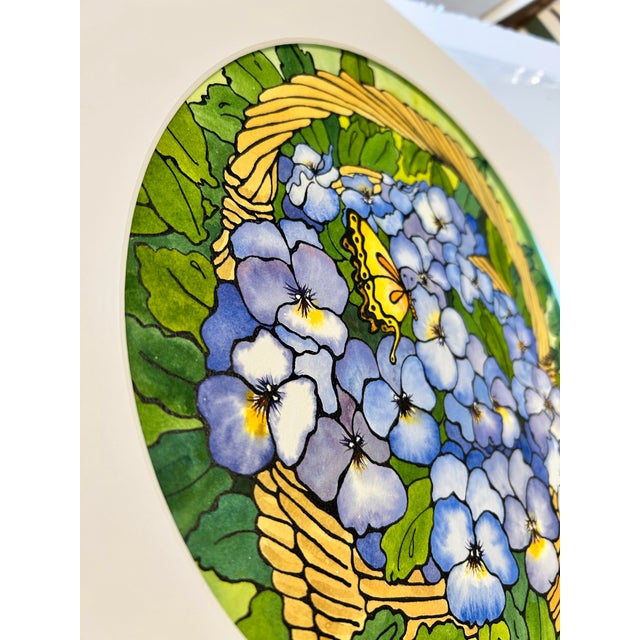 Art Deco Original Watercolor Ink and Wash Painting of a “Basket of Violas” For Sale - Image 3 of 12