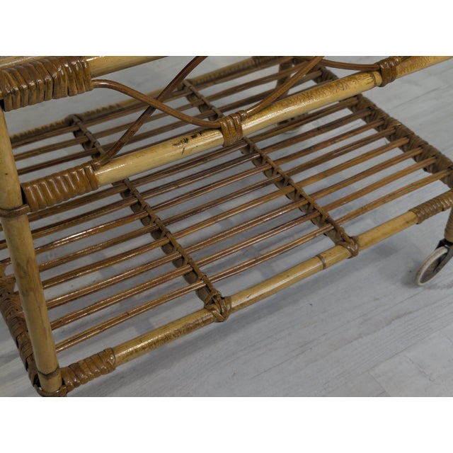 Scandinavian Rattan, Raffia and Glass Serving Cart, 1960s For Sale - Image 13 of 14