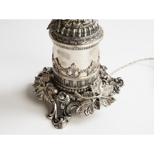 1950s Spanish Empire Silver-Plated Cast Brass Cupid Cherub Lamp With Scavo Flame Shade For Sale - Image 9 of 13